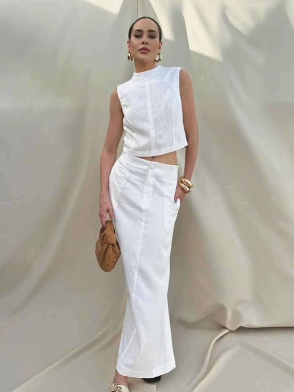 Forever 21 White Casual Vest and Maxi Skirt 2-Piece Set Summer Cotton Linen